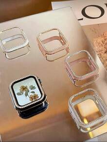 1PC White Shiny Rhinestone Decor Hollowed Out Case Flashing Anti-Fall Laser Engraving Bumper Cover, For Apple Watch Case 40/41/42/44/45/46/49MM, For Apple Watch Series Ultra/SE/10/9/8/7/6/5/4, Intelligent Watch Case Accessories - Hollow White + Gold - View 6