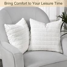 Volcanics Pack Of 2 Pure White Decorative Throw Pillow Covers 18x18 Inch, Soft Corduroy Striped Square Cushion Cases, Modern Farmhouse Boho Home Decor For Couch Bed Sofa Living Room,18inchx18inch(Packof2),PureWhite - 純白 - 查看 3