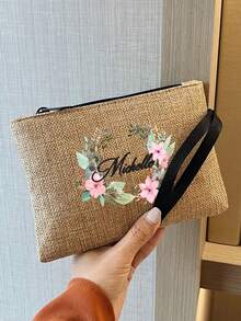 个性化花环字母印花手提包和化妆包套装，大容量托特包可手提或肩背，多功能女士托特包，男女通用成人涤纶迷你化妆包 - 彩色 - 查看 7