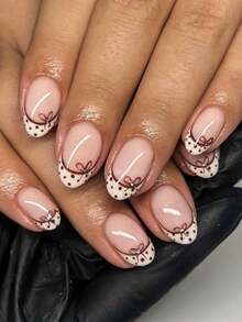 24片短款椭圆形可爱蝴蝶结波点亮片法式美甲贴纸，完美贴合，亚克力材质，套装包含：1片果冻胶和1个指甲锉，适合情人节美甲和法式美甲，适合女性和女孩，日常及派对美甲用品。 - 彩色 - 查看 8