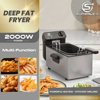 SUPERLEX 3L Stainless Steel Deep Fryer 2000W | Precise Temperature Controller (130°C-190°C) | Removable Enamel Non-Stick Water Tank And Cool Basket For Easy Cleaning | Electric Deep Fryer, Quick Crispy Fries, Chicken