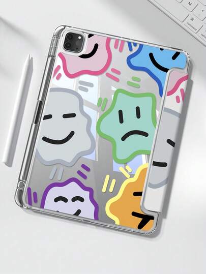 这款精美可爱的卡通动画明星笑脸双面彩绘亚克力透明水晶后盖，防震耐用，适用于iPad第七代、第八代（10.2英寸）和第十代。它内置笔槽，支持睡眠/唤醒功能以及多种折叠支架方式。是节日送礼佳品。