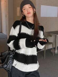 Contrast Color Striped Stand Collar Loose Casual Women Sweater, Autumn/Winter - Black and White - View 3
