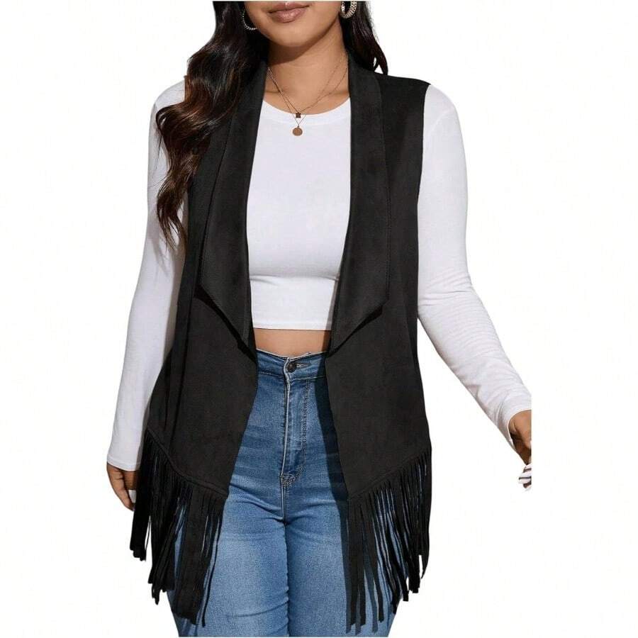 Chaleco De Ante Con Flecos Y Borlas De Ante Sinttico Estilo Western Sin Mangas Para Mujer, Talla - inicial - Ver 1