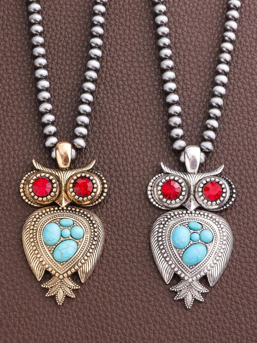 1件朋克风红眼猫头鹰吊坠项链，男士时尚毛衣链 - 項鍊 - 查看 1