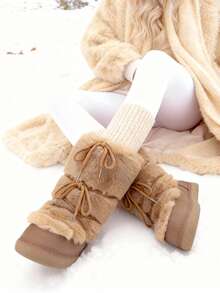 Knee High Boots For Women,Fuzzy Flat Round Toe Rhinestone Lace-Up Slip On Warm Shoes Winter Outdoor Party Chirstmas And Halloween Snow Boots - 摩卡棕 - 查看 4