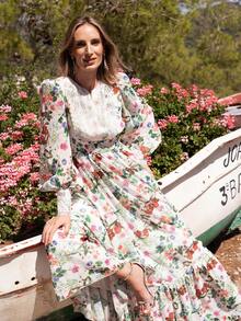 Faeriesty فستان ماكسي من الشيفون للنساء بطبعة زهرية، يتميز بطبعة زهرية نابضة بالحياة، أكمام طويلة مع أساور دانتيل رقيقة، تصميم ياقة على شكل حرف V، خصر مربوط، حافة مكشكشة، مناسب لحفلات الحدائق وحفلات الزفاف على الشاطئ والغداء في الهواء الطلق والسهرات الرومانسية، عيد الحب، ضروريات العطلة - أخضر - مشاهدة 7