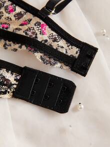 Women's Lingerie Set, Black Leopard Lace Trim With Gold Chain, 1/4 Cup Open Crotch Hollow-Out Design - Multicolor - View 6