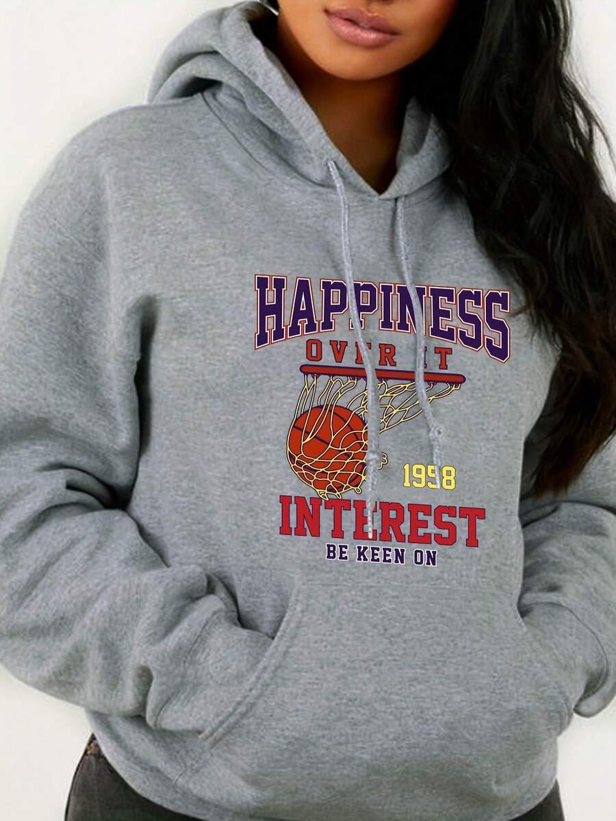 Sudadera con capucha y cordón de impresión de baloncesto y letras, sudadera casual suelta, ropa de mujer - Gris Claro - Ver 1