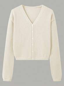 LUBI Basic Loose Fit V-Neck Cardigan, Relaxed Silhouette, Soft Knit Fabric, Solid Color, Casual Wear For Spring, Autumn & Winter, Suitable For Daily, Commute, Afternoon Tea, Travel - Beige - View 5