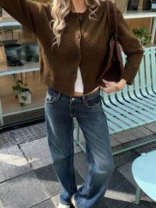 Knit Mix Elegante französische locker gestrickte Strickjacke für Damen, Rundhals-Pullover Einfarbig, lässige Oberbekleidung für Weihnachten, Thanksgiving, Herbst/Winter, Braun - Braun - Übersicht 5