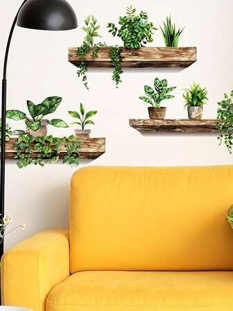 Gorgeous Style Green Plant Wall Decal Set Of 3, PVC Glitter Potted Plant Stand Sticker, Removable Waterproof Self-Adhesive Decor For Office, Lounge, Dorm, Classroom, Library, Home Decor, 10.6x15.4 Inches Each