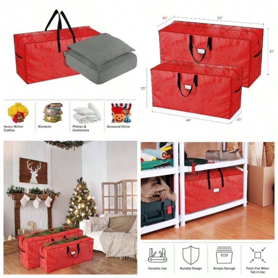 Bolsas de almacenamiento para rbol de Navidad, juego de 2 bolsas tejidas para rboles artificiales de hasta 16 pies, protege las decoraciones navideas de daos por rojo - Rojo con asas negras - Ver 1