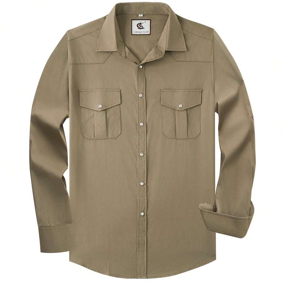 Men's Western Cowboy Long Sleeve Pearl Snap Solid Button Down Up Casual Classic Work Shirts - Màu Khaki - Xem 1