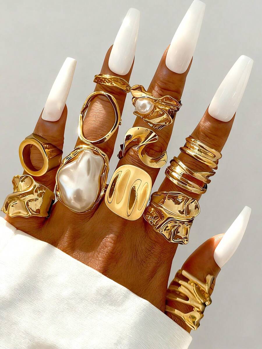 Set 3 buah cincin logam bergaya bohemian elegan vintage dengan desain mutiara bergelombang asimetris untuk wanita, cocok untuk pemakaian sehari-hari dan pesta, dapat ditumpuk, hadiah. - Emas 2 - View 1