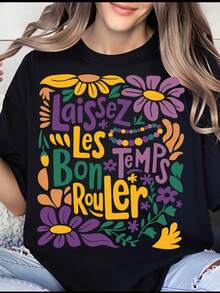Laissez Les Bon Temps Rouler Mardi Gras Shirt Floral Design Colorful Festive T-Shirt For Women Celebration Party Wear Spring Summer Outfit - 黑色 - 查看 1