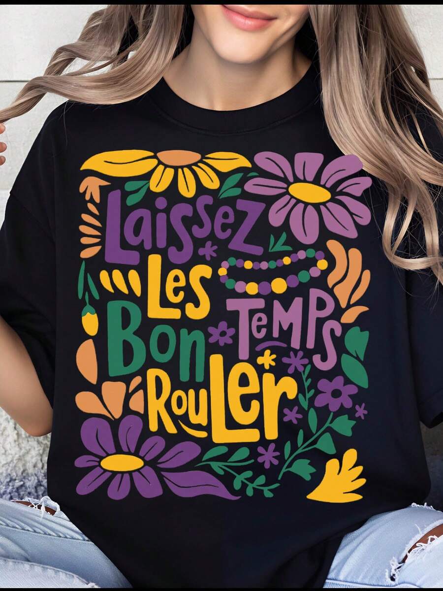Laissez Les Bon Temps Rouler Mardi Gras Shirt Floral Design Colorful Festive T-Shirt For Women Celebration Party Wear Spring Summer Outfit - 黑色 - 查看 1