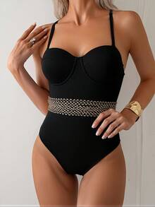 Women's One-Piece Black Thin Strap High Waist Slimming Simple Elegant Triangle Bikini Swimsuit For Beach Vacation - màu đen - Xem 6