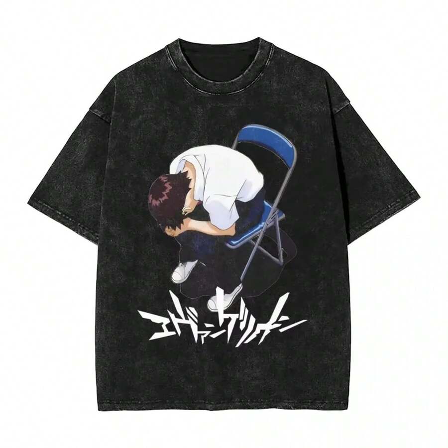 Washed T-Shirt Neon Genesis Anime Evangelions Hip Hop T-Shirts Retro Street E-EVA Manga Streetwear Cotton T-Shirts Men Women - màu đen - Xem 1