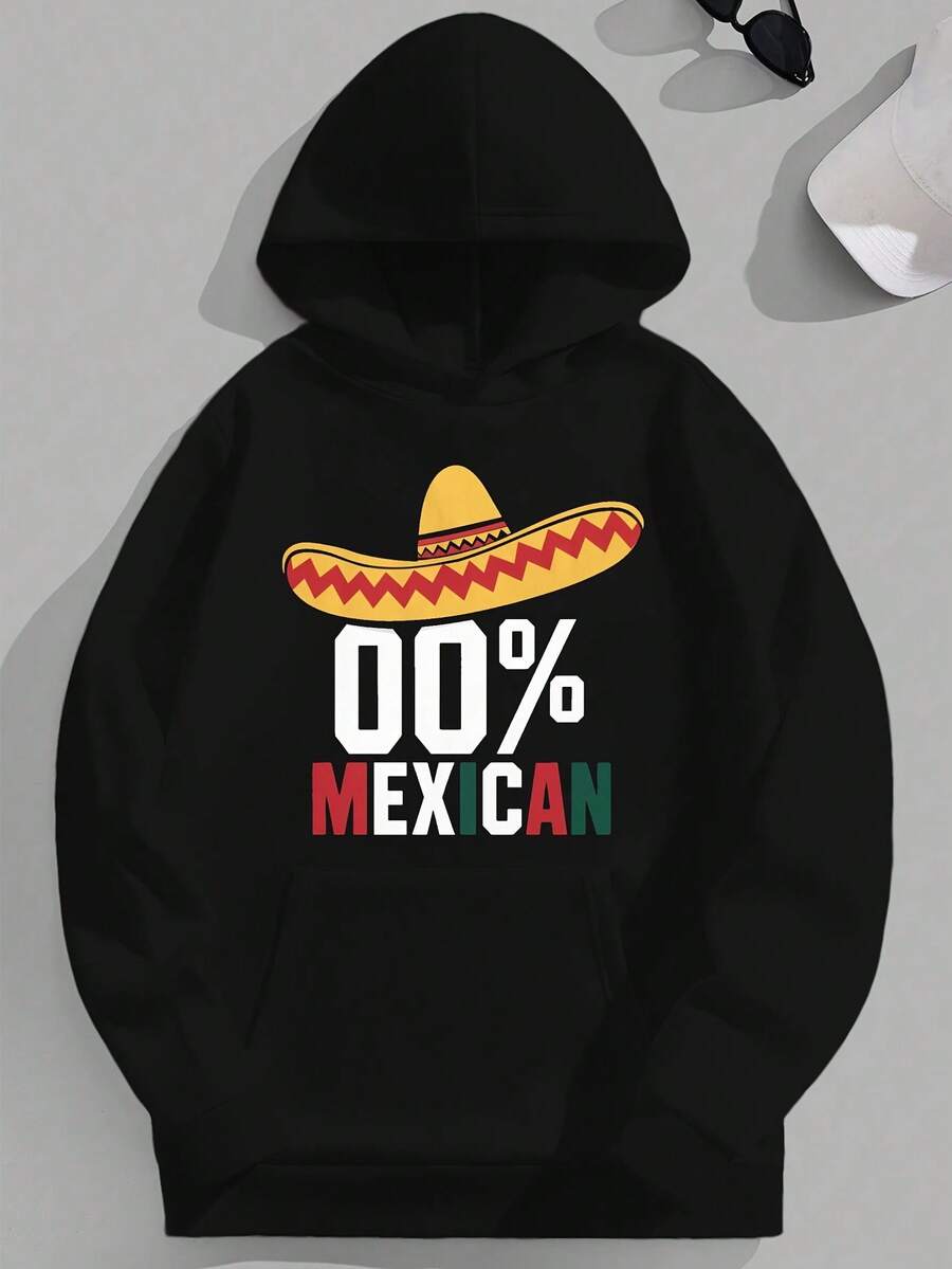 0% MEXICAN JPH-9 Plus Size Men-S Hooded Sweatshirt - 100% Polyester Relaxed Fit Graphic Print Pullover, Black Casual Streetwear With Sombrero Design, Hine Washable, Relaxed Fit App_826 - 黑色16 - 查看 1