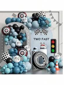 Race Car Theme Balloons Arch Garland Kit 18 12 10 5Inch Red Blue Black Yellow Checkered Wheel Tire Foil Latex Balloons For Racing Car Two Fast First 1st 3th 5th Birthday Party Decor Supplies