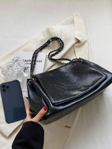 Túi Tote Da PU Sáp Dầu Cổ Điển Cho Nữ, Túi Đeo Vai Có Dây Xích, Túi Đeo Chéo, Sức Chứa Lớn, Túi Đeo Dưới Cánh Tay Dùng Khi Đi Làm Hàng Ngày - màu đen - Xem 10