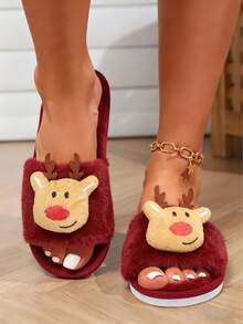 Women's Christmas Deer Pattern Fluffy Slippers, Cozy Plush Open Toe Indoor House Slippers For Women, Recommend Ordering One Size Up For Autumn/Winter - Red - View 7