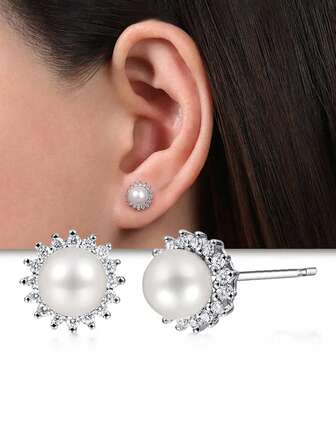 1 Pair Teen Cute Cubic Zirconia & Faux Pearl Stud Earrings For Girls For Daily Decoration For Party Jewelry Birthday Gift