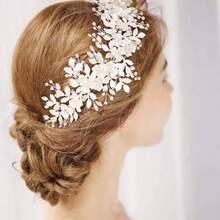 Handmade Wedding Bridal Silver Leaves Hairband Barrette Floral Women Hair Jewelry Silk Chain - inicial - Ver 3