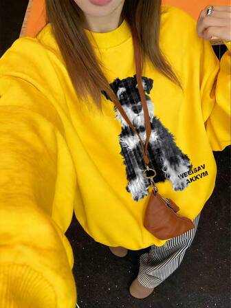 Women's Dog Print Crew Neck Sweatshirt, Casual American Style Versatile, Distinctive Heather Gray Top For Autumn