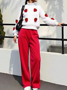 Conjunto de 2 piezas de top tejido con textura 3D de fresa dulce y encantadora y pantalones de pana roja para niñas jóvenes, perfecto para el campus diario, actividades al aire libre y fiestas en primavera, otoño e invierno - Blanco - Ver 6