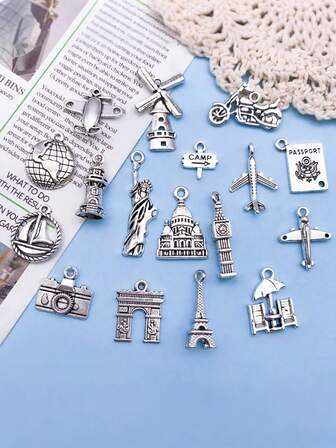 Colgante de aleación con encanto de herramienta de viaje de arquitectura de viaje vintage, material de joyería de moda, adecuado para pendientes, collares, pulseras, encantos de bolso, llaveros DIY, perfecto para regalos del Día de San Valentín, regalos para amigos, regalos de vuelta a la escuela, material de joyería de moda perfecto (entrega aleatoria)