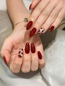 30 Stücke mittlere Mandel-Valentinstag-Aufklebe-Nägel, weinrote Leoparden-Muster Katzenauge-Design, Kunstnägel mit voller Abdeckung, glänzend, Fake-Nägel für Frauen und Mädchen, Maniküre & als Geschenk - Verschiedenfarbig - Übersicht 1