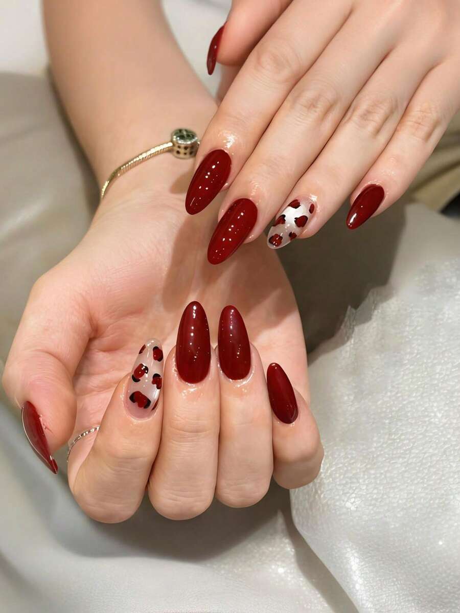 30 Stücke mittlere Mandel-Valentinstag-Aufklebe-Nägel, weinrote Leoparden-Muster Katzenauge-Design, Kunstnägel mit voller Abdeckung, glänzend, Fake-Nägel für Frauen und Mädchen, Maniküre & als Geschenk - Verschiedenfarbig - Übersicht 1