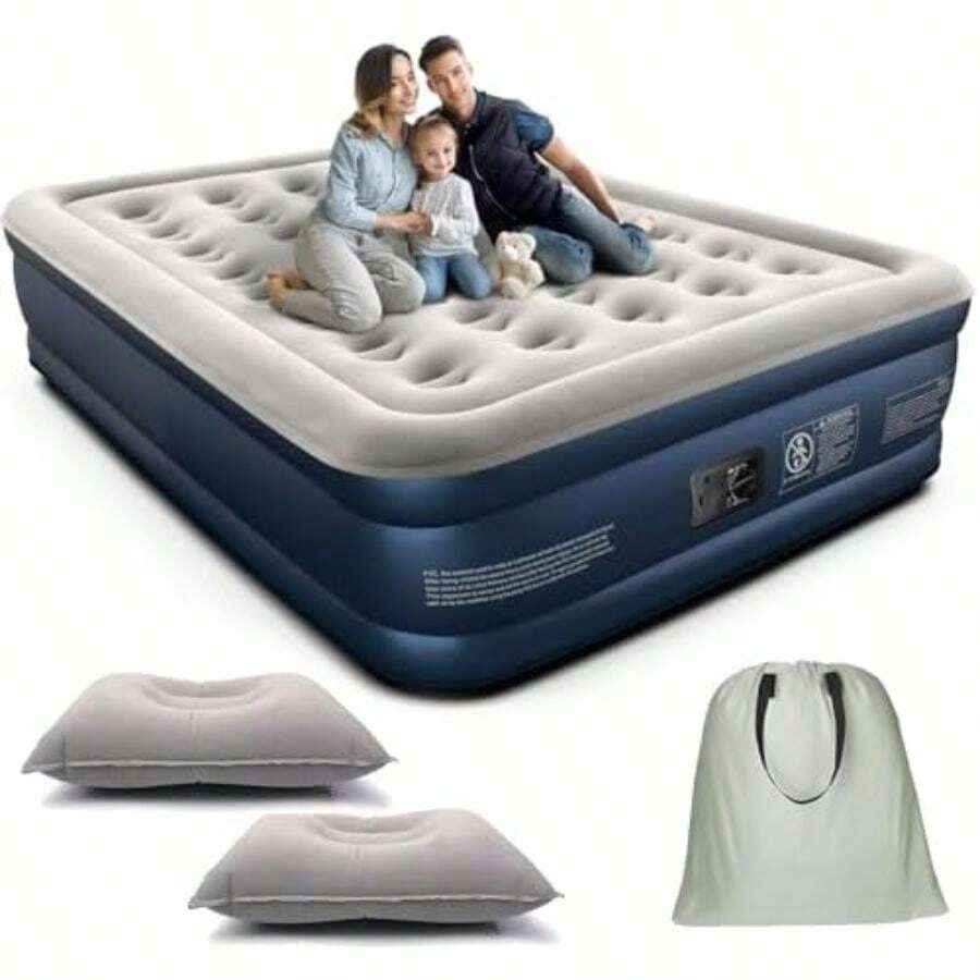 Colchón de Aire Queen con Bomba de Aire Eléctrica Recargable Incorporada, Colchón Queen 80x62x18.5 IN Desinflado Rápido Automático, para Hogar, Viajes y Camping. ()(Azul) - Multicolor - Ver 1