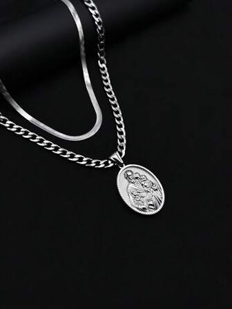 1 st vintageporträtt halsband i rostfritt stål runt hänge, unikt personligt tillbehör, exklusivt halsband i flera lager för män, lämplig som present till vänner