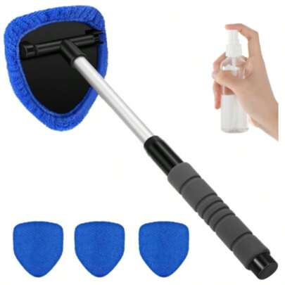 4 Parçalı Yeniden Kullanılabilir Mikrofiber Pedli Araba Camı Temizleme Seti, Uzatılabilir Saplı, Ön Cam Temizleme Aleti (Koyu Mavi)