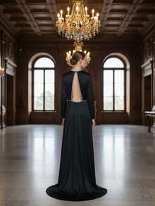 Classic Black Satin Long Sleeve Evening Gown With Beaded Waist, Fitted A-Line Floor Length Dress - Black - View 2