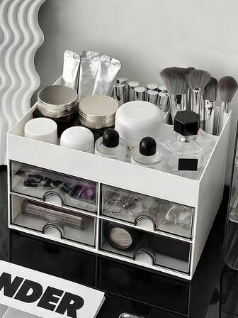 1 pieza Caja de almacenamiento de escritorio con cajones, caja de exhibición de joyas y cosméticos, cajas de almacenamiento de escritorio, organizador de maquillaje, estante para lápices labiales, estante para perfumes, soporte para lápices de cejas, estante de almacenamiento de brochas de maquillaje, almacenamiento y clasificación de baño, regalos del Día de San Valentín, útiles escolares en la temporada de inicio de clases, regalos