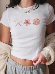 2026 New Fashion Y2K Women'S Short T-Shirt |   Ocean Elements (Starfish / Flower / Shell) Print, Easy Elegant Design, Fabric, Breathable And Comfortable, Ideal For Spring/Summer Vacation, Stylish Women's Crop Top - Comfy Breathable Tee - 白色 - 查看 1