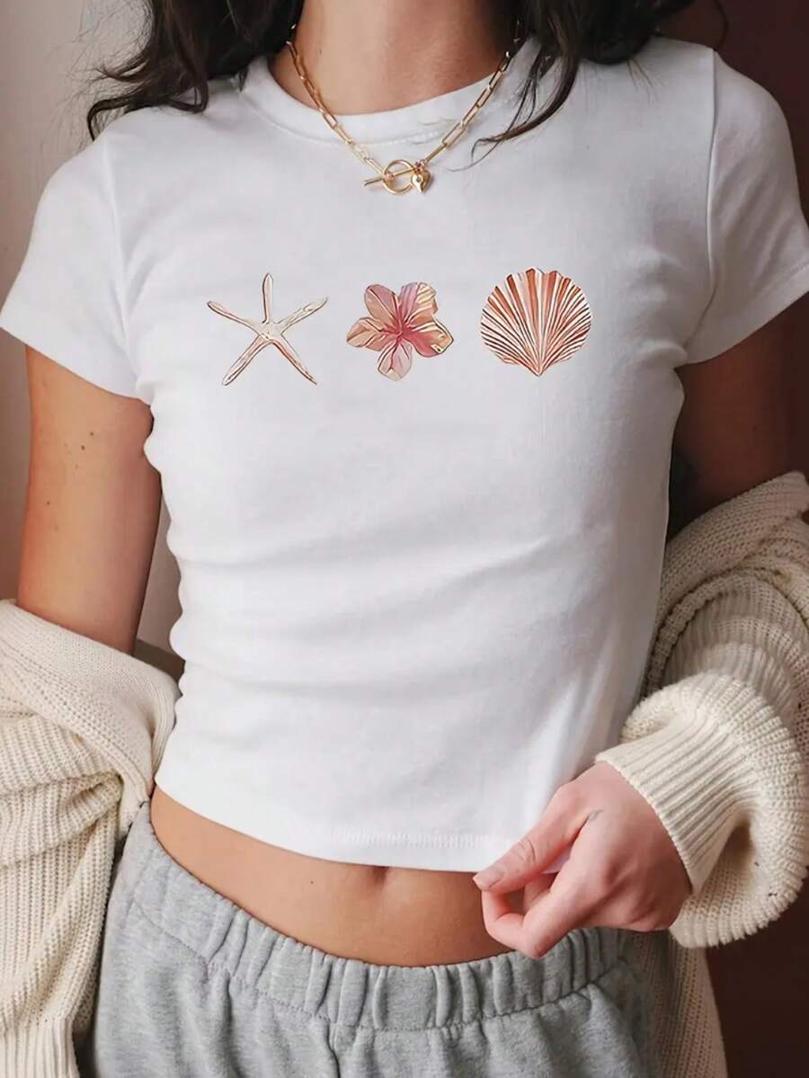 2026 New Fashion Y2K Women'S Short T-Shirt |   Ocean Elements (Starfish / Flower / Shell) Print, Easy Elegant Design, Fabric, Breathable And Comfortable, Ideal For Spring/Summer Vacation, Stylish Women's Crop Top - Comfy Breathable Tee - 白色 - 查看 1