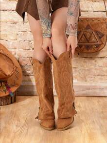 Women's Cowboy Boots Wide Calf Side Zipper Pointed Toe Pull On Boots Western Country Classic Embroidery Retro Flower Fashion Winter Fall Boots For Women - 駝色 - 查看 4