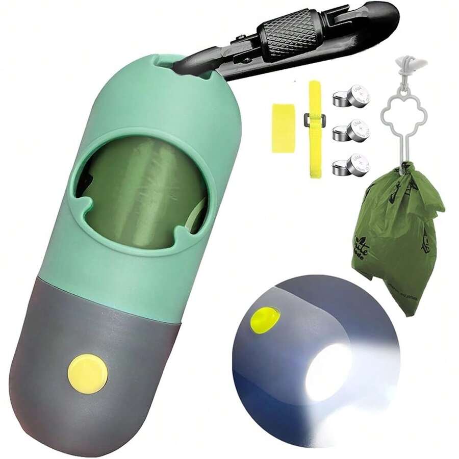 Dog Poop Bag Dispenser With Built-In LED Flashlight And Metal Clip For Leash, Pet Waste Bag Holder, Dog WalFKing Accessory, Mint Green,1Count(Packof1),MintGreen - MintGreen - View 1
