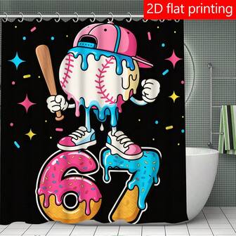 1pc/4pcs 67 SIX SEVEN Baseball Christmas Shower Curtain Sets With Rugs, Christmas Bathroom Shower Curtain Set With Rugs, Toilet Lid Cover And Bath Mat, Modern Bathroom Decor With Bath Mats And 12 Plastic Hooks