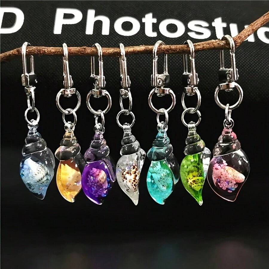7-Piece Set -7 Colors - Luminous Transparent Shell Resin Pendant With Ocean Style Decoration, Mobile Phone Keychain