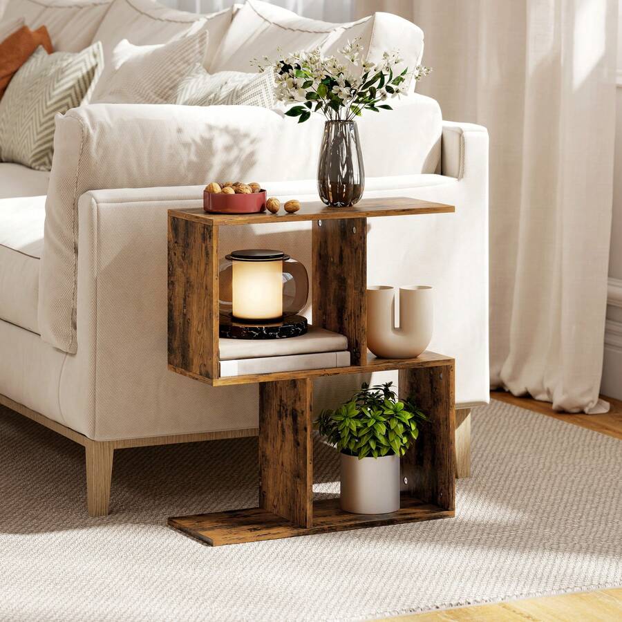 HOMCOM S-Shaped Side Table, 3-Tier Narrow End Table With Storage Shelves, Modern Nightstand For Living Room, Bedroom, 50W X 19.5D X 58H Cm - 棕色 - 查看 1