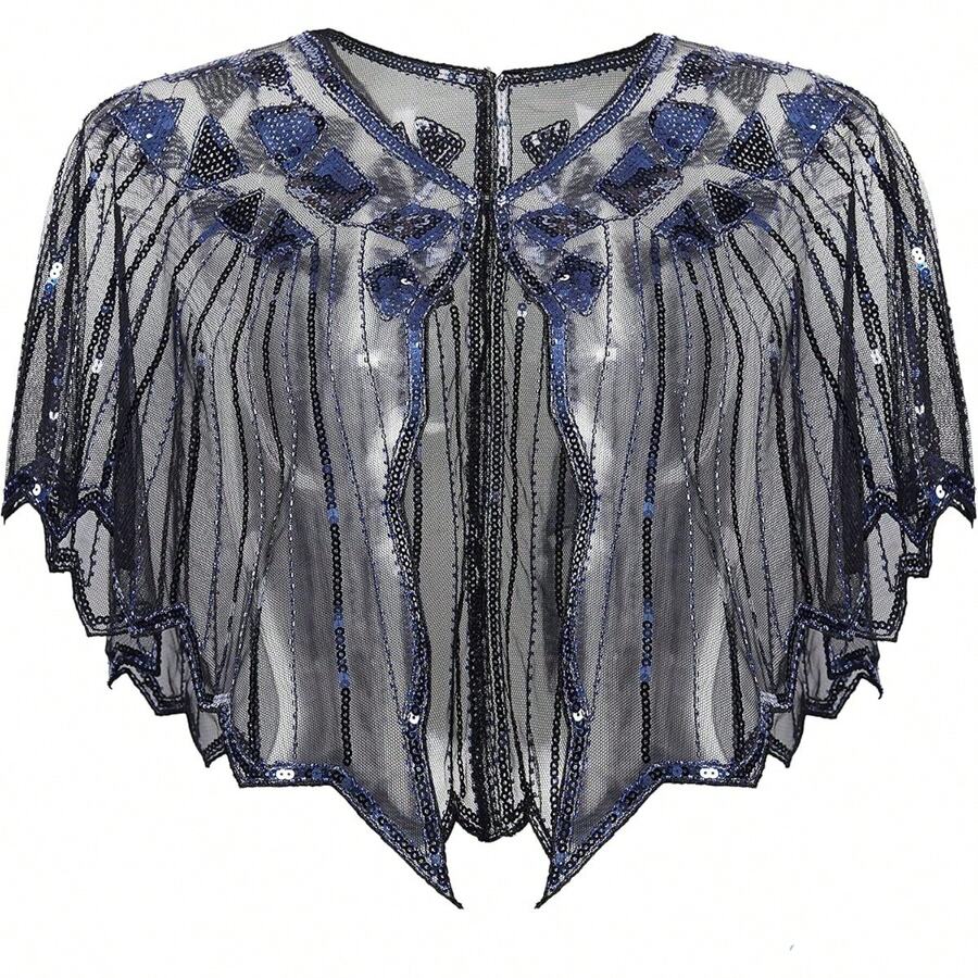 Shawl Wraps Sequin Beaded Evening Cape Bridal Shawl - Dark Blue-3 - View 1