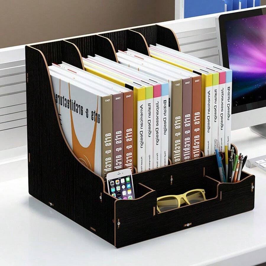 Caja organizadora de escritorio, estante organizador, carpetas organizadoras, estantería de escritorio, organizador mágico, suministros de oficina, caja organizadora para escritorio - Negro - Ver 1