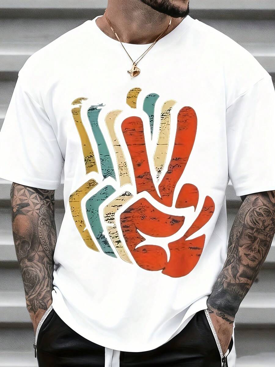 Men's T-Shirt, Colorful Hand Gesture Graphic Unisex Tee Streetwear Fashion Statement Shirt Urban Style TopIt Is Perfect For Gifting To Friends Or Family Members As A Holiday Present, 220g - 白色 - 查看 1