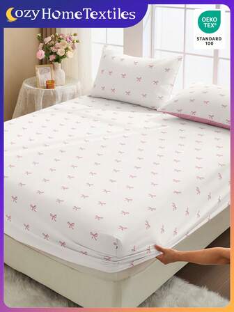 2/3pcs Pink Bow Pattern Printed Fitted Sheet Set (1 Sheet Set + 1/2 Pillowcases Without Insert), Skin-Friendly Mattress Cover, Pattern Printed Mattress Protector, Comfortable And Soft, Breathable And Warm, Multi-Size, Suitable For Full/Twin/Double/Queen/King Bed, Machine Washable, Home Decoration, Room Decor, Bedroom Decor, Oeko-Tex Certified